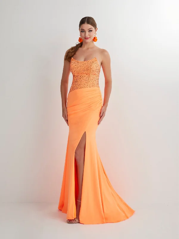 Formal Dress for Glamorous ThemesBeaded Spandex Strapless Slit Gown by Studio 17 12899