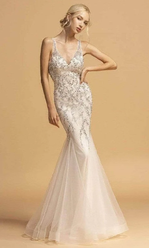 sequined prom dressesAspeed Design - L2205 Plunging V-Neck Sleeveless Prom Dress