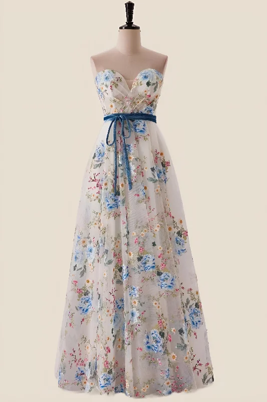 Formal Dress for Vintage Car ShowsSweetheart Blue Floral A-line Long Formal Gown