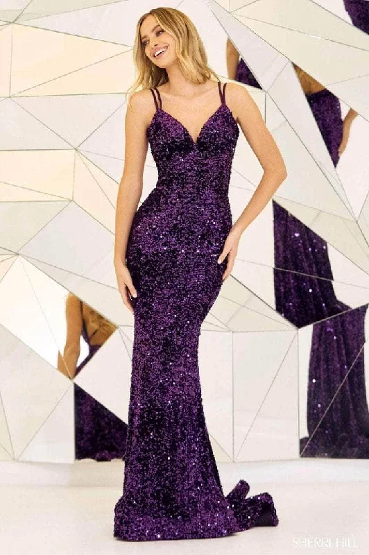 prom dress accessoriesSherri Hill - Velvet Sequin Mermaid Prom Dress 55135 - 1 pc Purple In Size 14 Available