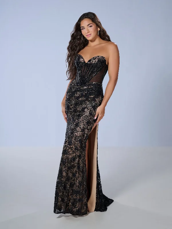 Formal Dress for New Year's EveBeaded Lace Strapless Slit Gown by Tiffany Designs 16236