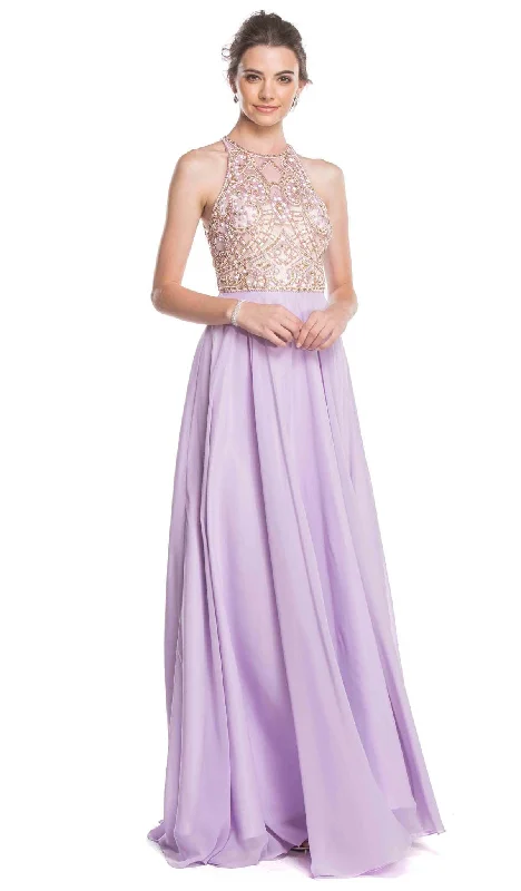 prom dresses with trainsAspeed Design - Jeweled Illusion Halter A-line Prom Dress