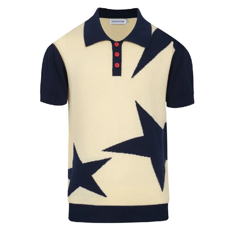 women's tops for beach outingsMen's Navy Blue Star Knitted Short Sleeve Polo Shirt