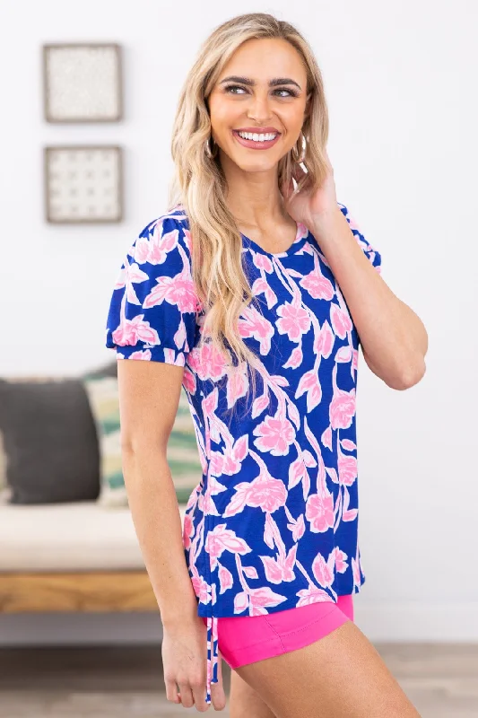 women's tops for those who prefer classic over trendy stylesCobalt and Neon Pink Floral Print Top