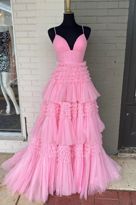 Formal Dress for GalasPrincess Pink Tiered Layers Tulle Long Formal Gown