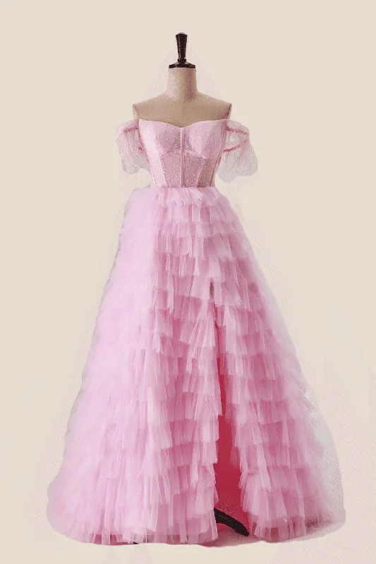 Formal Dress for Oscar NightsOff the Shoulder Pink Corset Tiered Ruffle Formal Gown