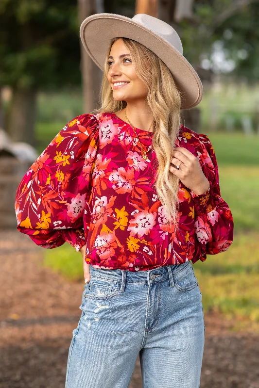 women's tops for evening soireesBurgundy and Orange Floral Smocked Cuff Top