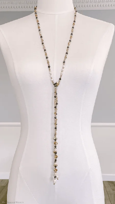 women's tops with geometric patternsMara Quartz, Pearl, Gold, Amethyst, Topaz and Grey Beaded Lariat Long Necklace