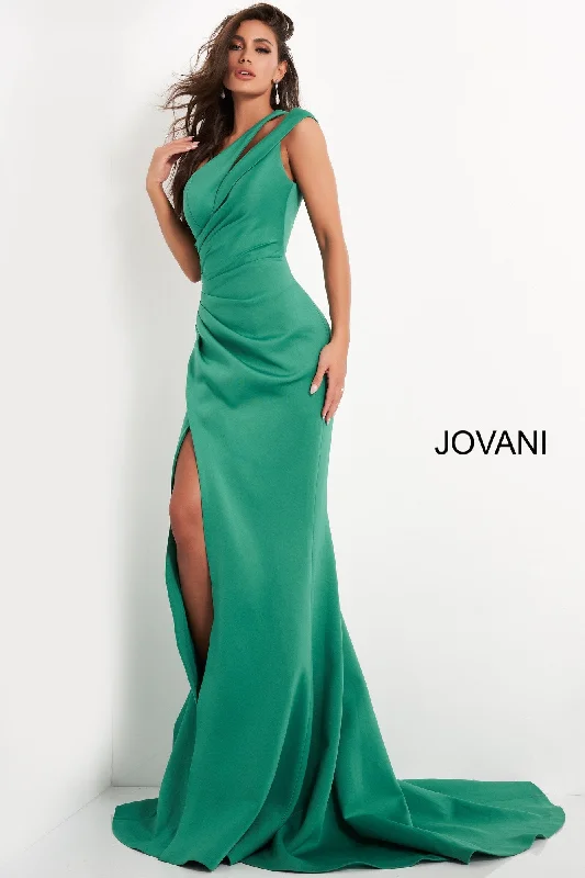 Formal Dress for Small WeddingsCrepe Fitted One Shoulder Slit Gown by Jovani 04222