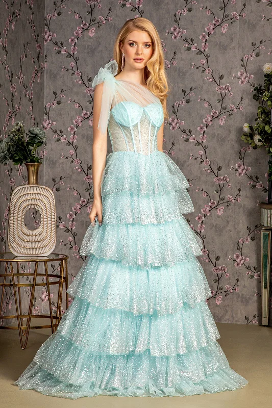 Classic Formal Dress StylesGlitter One Shoulder Tiered Ruffled Gown by GLS Gloria GL3454