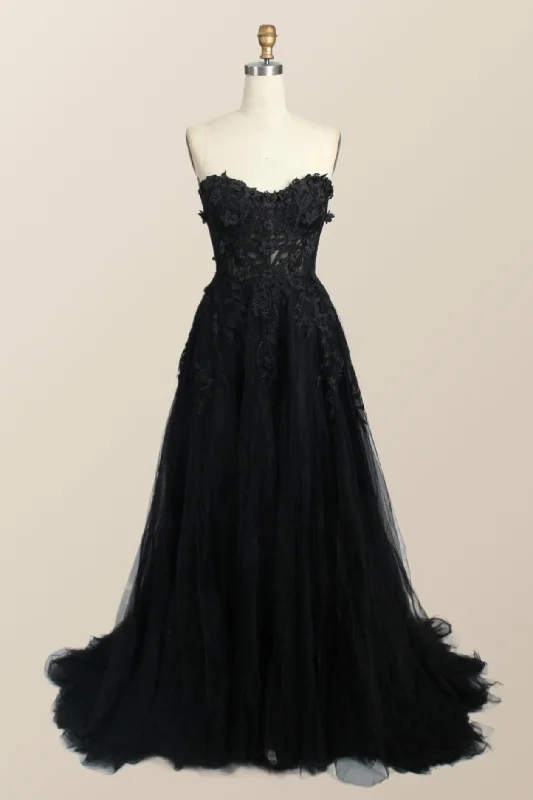 Formal Dress for Small WeddingsBlack Floral Embroidery Strapless A-line Formal Dress