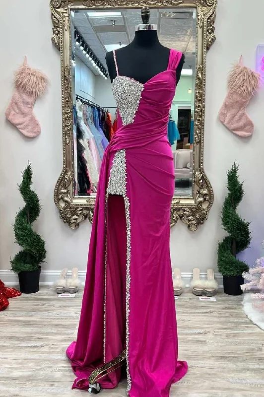 Formal Dress for PromsAsymmetrical Magenta Beaded Long Formal Dress with Attached Train