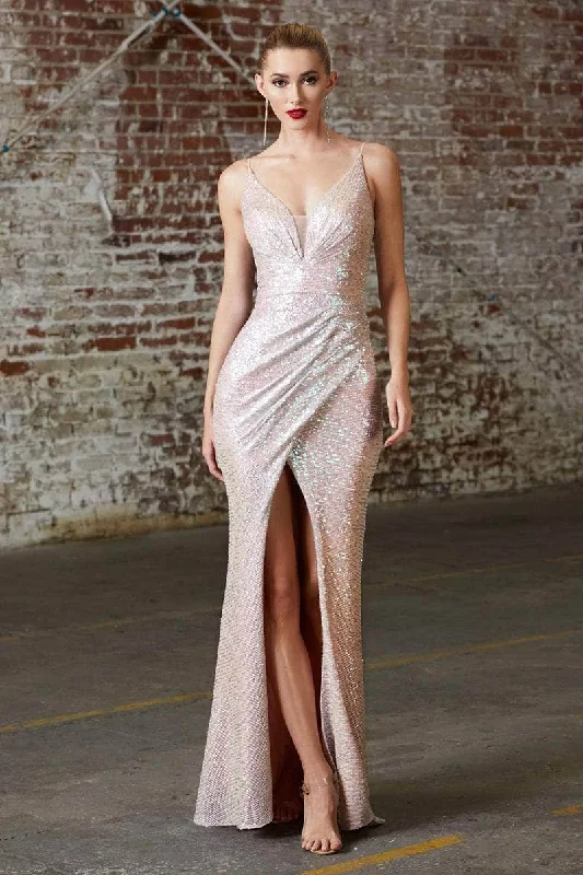 two-piece prom dressesLadivine CH222 - Sequin Plunging Neck Prom Gown