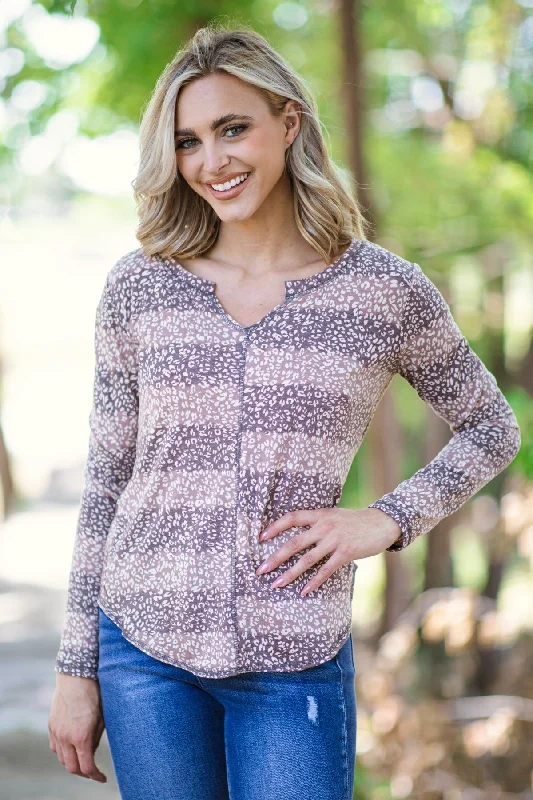 women's tops for those who want to wear pieces that are both functional and fashionableMauve and Dusty Rose Stripe Animal Print Top