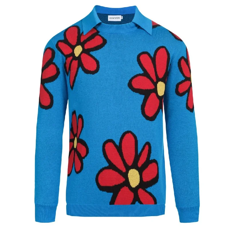 women's tops for black-tie affairsMen's blue floral knit crew neck polo shirt